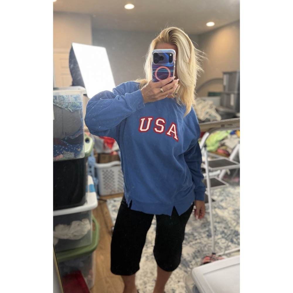 joy lab womens french terry USA Blue Crewnext Relaxed Fit Size Small 4th Of July - Picture 15 of 16